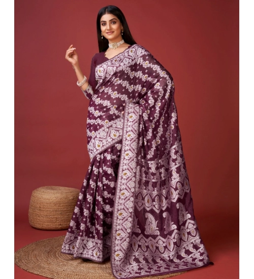 Women's Cotton Silk Printed Saree With Unstitched Blouse 5.5Mtr (Purple)