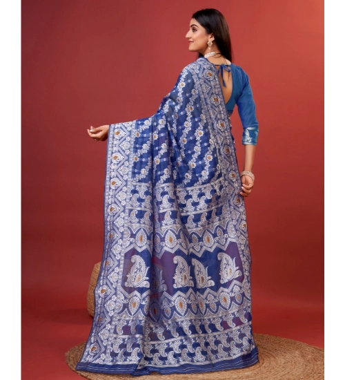 Women's Cotton Silk Printed Saree With Unstitched Blouse 5.5Mtr (Blue)