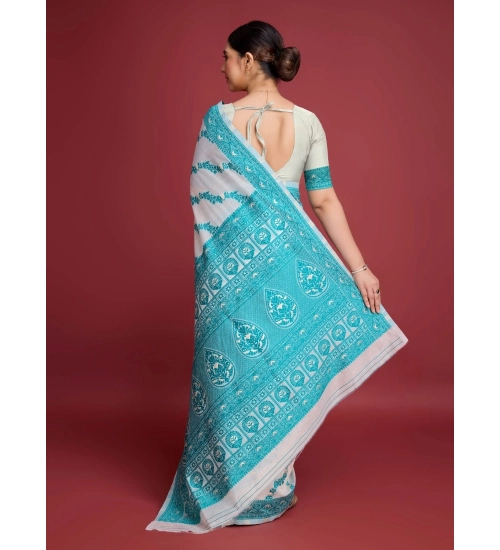 Women's Jamdani Cotton Silk Printed Saree With Unstitched Blouse 5.5Mtr (Rama)