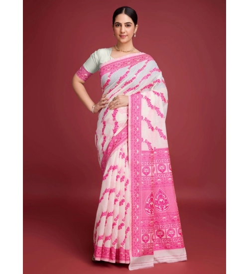 Women's Jamdani Cotton Silk Printed Saree With Unstitched Blouse 5.5Mtr (Pink)