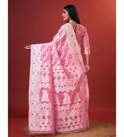 Women's Cotton Silk Printed Saree With Unstitched Blouse 5.5Mtr (Pink)