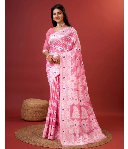 Women's Cotton Silk Printed Saree With Unstitched Blouse 5.5Mtr (Pink)