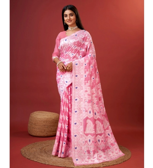 Women's Cotton Silk Printed Saree With Unstitched Blouse 5.5Mtr (Pink)