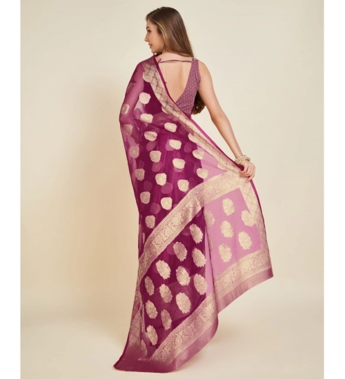 Women's Soft Organza Silk Weaving Design Saree With Unstitched Blouse 5.5Mtr (Wine)