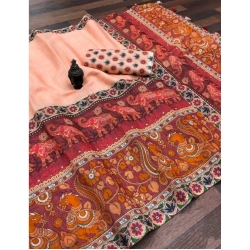 Women's linen Digital Print Saree With Unstitched Blouse 5.5Mtr (Peach)