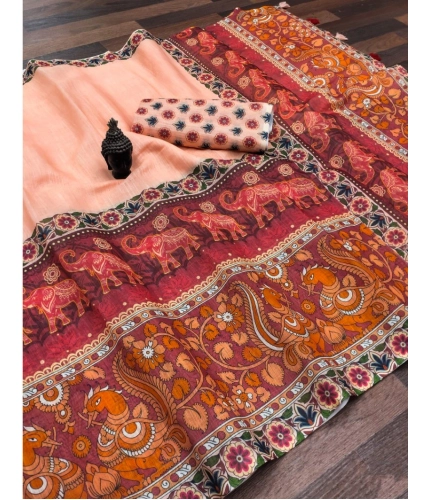 Women's linen Digital Print Saree With Unstitched Blouse 5.5Mtr (Peach)