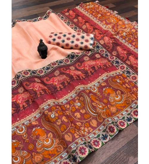 Women's linen Digital Print Saree With Unstitched Blouse 5.5Mtr (Peach)