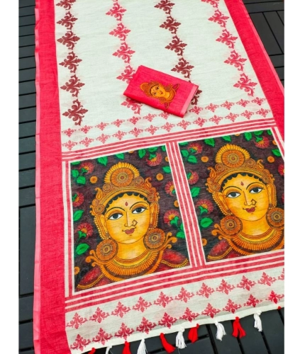 Women's linen Digital Print Saree With Unstitched Blouse 5.5Mtr (White) Women's linen Digital Print Saree With Unstitched Blouse 5.5Mtr (White)