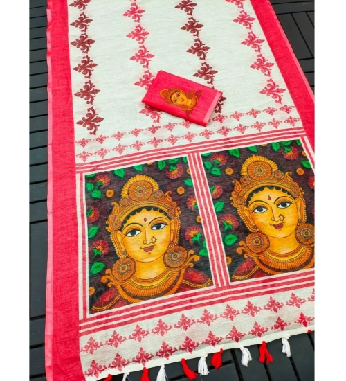 Women's linen Digital Print Saree With Unstitched Blouse 5.5Mtr (White)