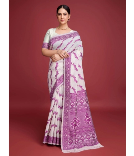 Women's Jamdani Cotton Silk Printed Saree With Unstitched Blouse 5.5Mtr (Wine)