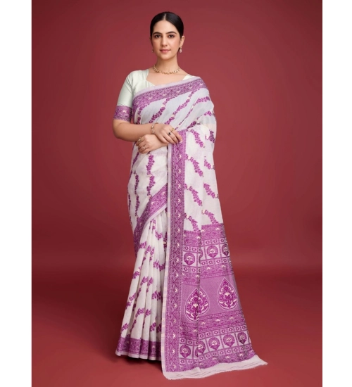 Women's Jamdani Cotton Silk Printed Saree With Unstitched Blouse 5.5Mtr (Wine)
