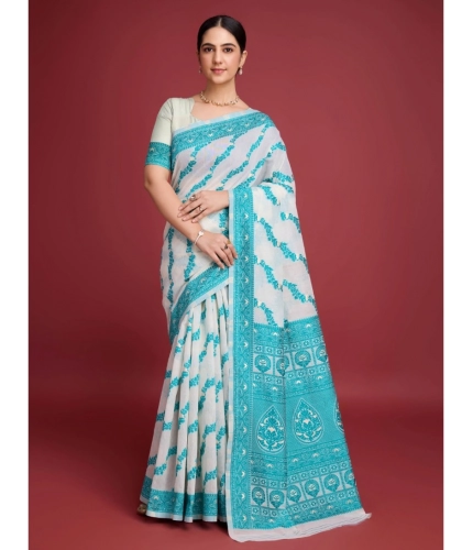 Women's Jamdani Cotton Silk Printed Saree With Unstitched Blouse 5.5Mtr (Rama)