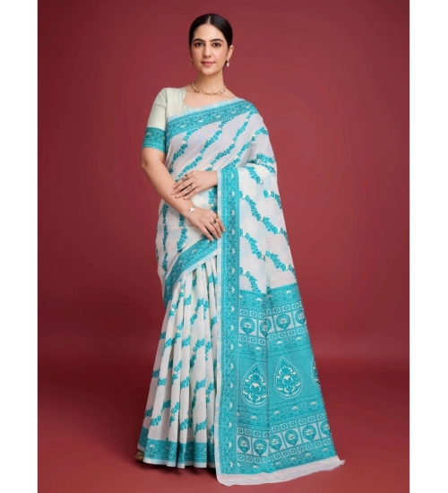 Women's Jamdani Cotton Silk Printed Saree With Unstitched Blouse 5.5Mtr (Rama)