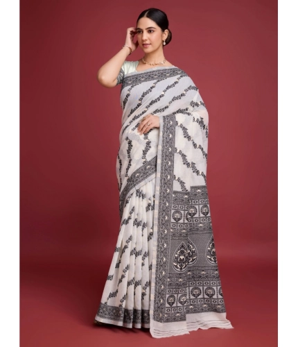 Women's Jamdani Cotton Silk Printed Saree With Unstitched Blouse 5.5Mtr (Black)