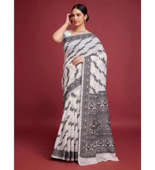 Women's Jamdani Cotton Silk Printed Saree With Unstitched Blouse 5.5Mtr (Black)