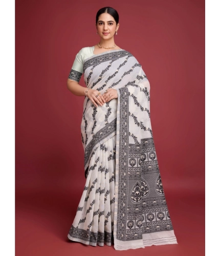 Women's Jamdani Cotton Silk Printed Saree With Unstitched Blouse 5.5Mtr (Black)