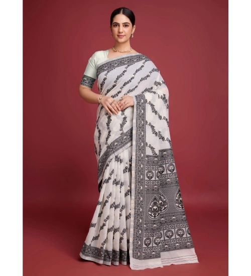 Women's Jamdani Cotton Silk Printed Saree With Unstitched Blouse 5.5Mtr (Black)