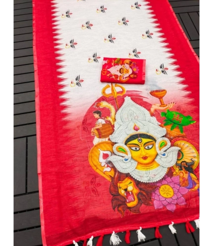 Women's linen Digital Print Saree With Unstitched Blouse 5.5Mtr (White)