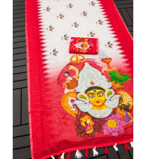 Women's linen Digital Print Saree With Unstitched Blouse 5.5Mtr (White)