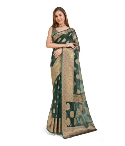 Women's Soft Organza Silk Weaving Design Saree With Unstitched Blouse 5.5Mtr (Green)