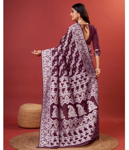 Women's Cotton Silk Printed Saree With Unstitched Blouse 5.5Mtr (Purple)