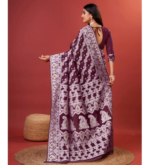 Women's Cotton Silk Printed Saree With Unstitched Blouse 5.5Mtr (Purple)