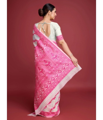 Women's Jamdani Cotton Silk Printed Saree With Unstitched Blouse 5.5Mtr (Pink)