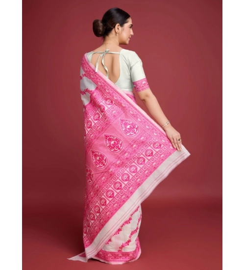 Women's Jamdani Cotton Silk Printed Saree With Unstitched Blouse 5.5Mtr (Pink)