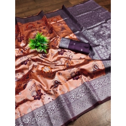 Women's Banarasi Jacquard Printed Saree With Unstitched Blouse 5.5Mtr (Orange)