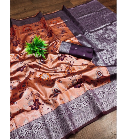 Women's Banarasi Jacquard Printed Saree With Unstitched Blouse 5.5Mtr (Orange)