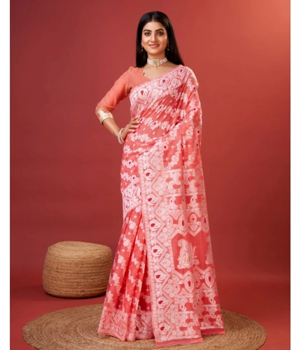 Women's Cotton Silk Printed Saree With Unstitched Blouse 5.5Mtr (Peach)