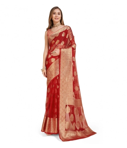 Women's Soft Organza Silk Weaving Design Saree With Unstitched Blouse 5.5Mtr (Red)