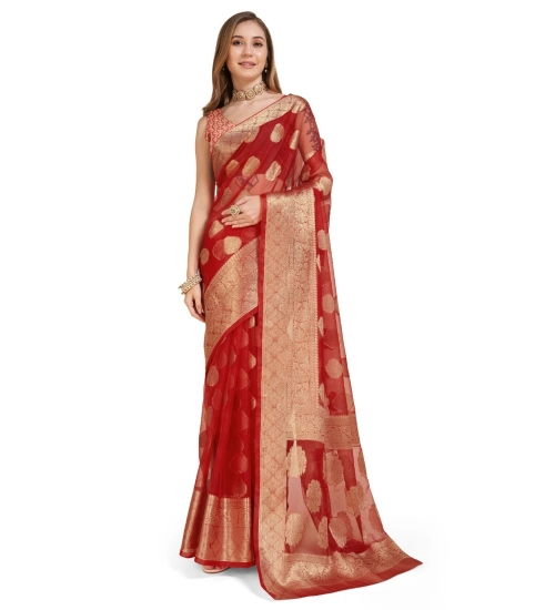 Women's Soft Organza Silk Weaving Design Saree With Unstitched Blouse 5.5Mtr (Red)
