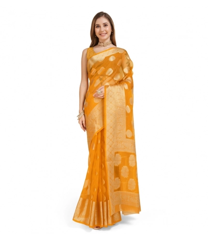 Women's Soft Organza Silk Weaving Design Saree With Unstitched Blouse 5.5Mtr (Yellow)