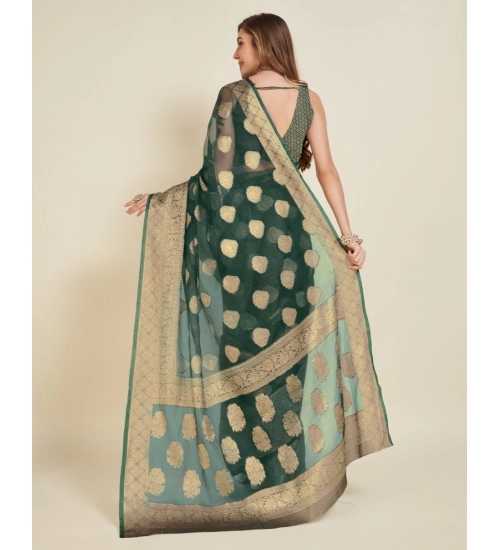 Women's Soft Organza Silk Weaving Design Saree With Unstitched Blouse 5.5Mtr (Green)