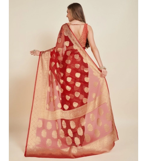 Women's Soft Organza Silk Weaving Design Saree With Unstitched Blouse 5.5Mtr (Red)