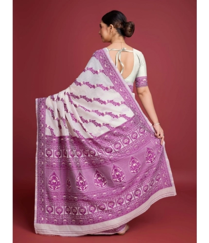 Women's Jamdani Cotton Silk Printed Saree With Unstitched Blouse 5.5Mtr (Wine)