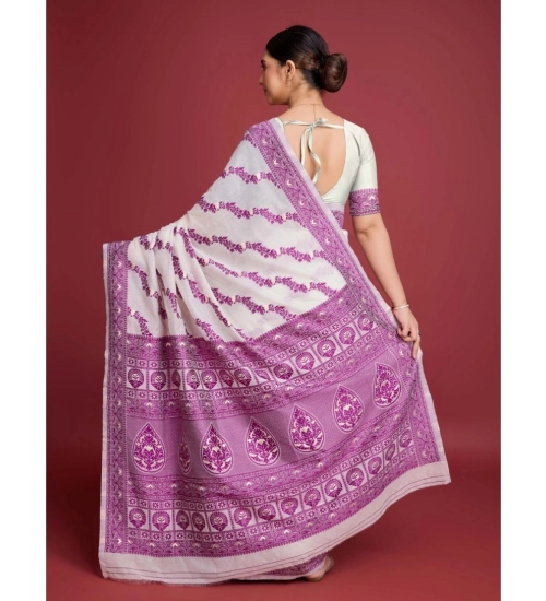 Women's Jamdani Cotton Silk Printed Saree With Unstitched Blouse 5.5Mtr (Wine)