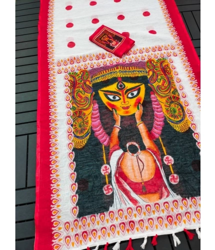 Women's linen Digital Print Saree With Unstitched Blouse 5.5Mtr (White) Women's linen Digital Print Saree With Unstitched Blouse 5.5Mtr (White)