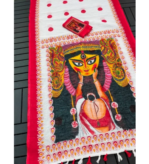 Women's linen Digital Print Saree With Unstitched Blouse 5.5Mtr (White)