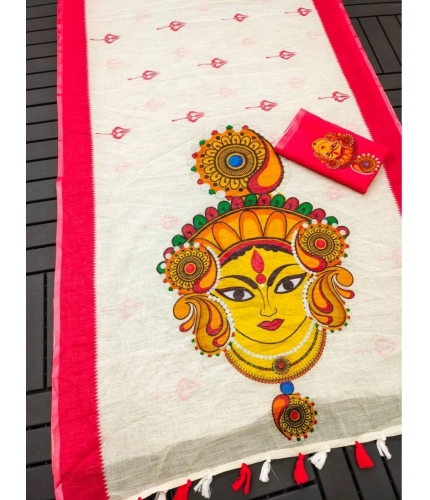 Women's linen Digital Print Saree With Unstitched Blouse 5.5Mtr (White) Women's linen Digital Print Saree With Unstitched Blouse 5.5Mtr (White)