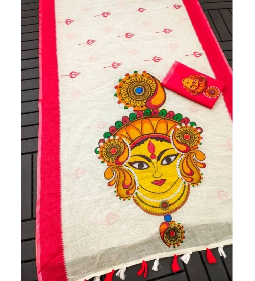 Women's linen Digital Print Saree With Unstitched Blouse 5.5Mtr (White)