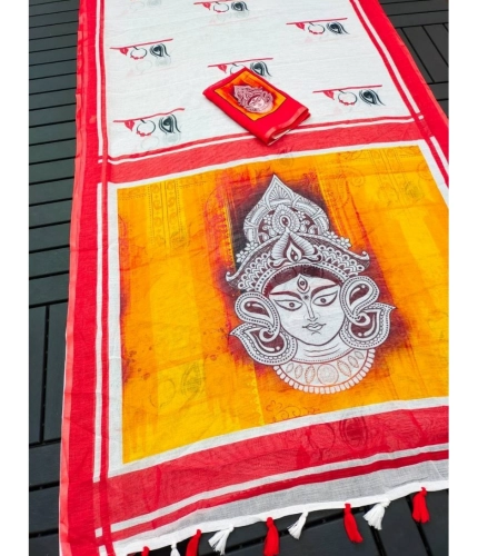 Women's linen Digital Print Saree With Unstitched Blouse 5.5Mtr (White) Women's linen Digital Print Saree With Unstitched Blouse 5.5Mtr (White)