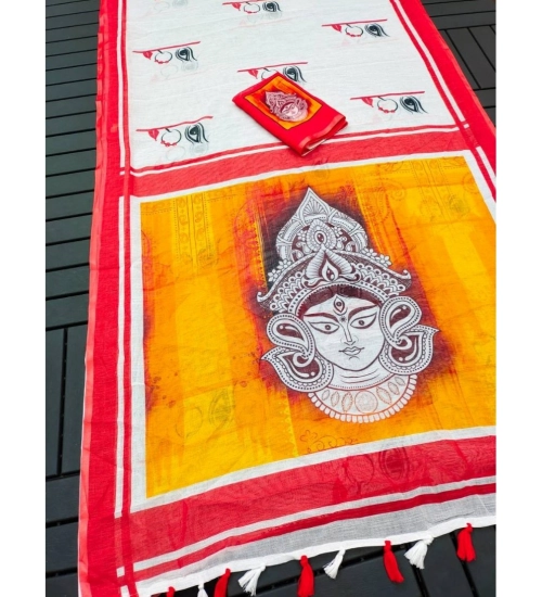 Women's linen Digital Print Saree With Unstitched Blouse 5.5Mtr (White)