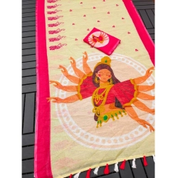 Women's linen Digital Print Saree With Unstitched Blouse 5.5Mtr (White)