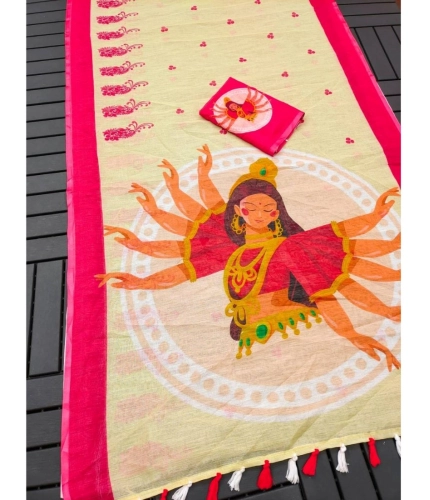 Women's linen Digital Print Saree With Unstitched Blouse 5.5Mtr (White)