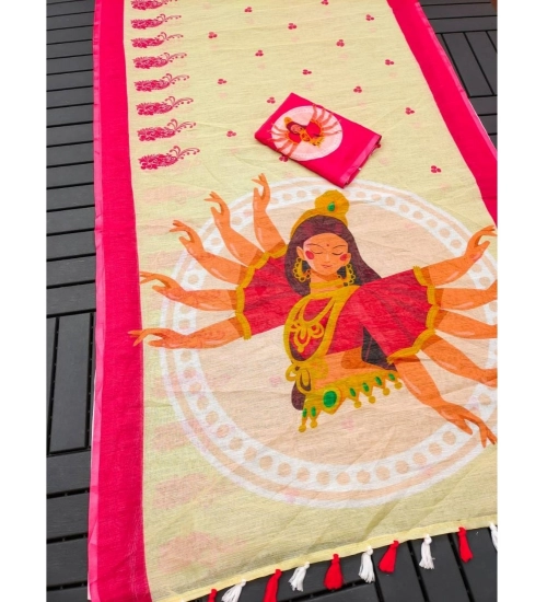 Women's linen Digital Print Saree With Unstitched Blouse 5.5Mtr (White)