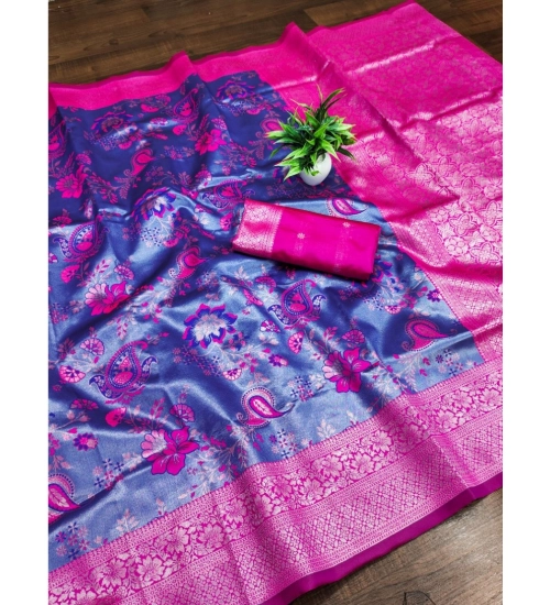 Women's Banarasi Jacquard Printed Saree With Unstitched Blouse 5.5Mtr (Navy Blue)