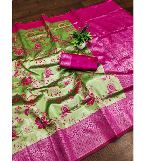 Women's Banarasi Jacquard Printed Saree With Unstitched Blouse 5.5Mtr (Mehendi Green)