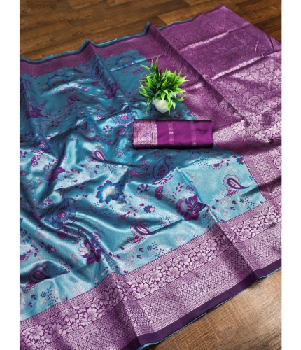 Women's Banarasi Jacquard Printed Saree With Unstitched Blouse 5.5Mtr (Blue) Women's Banarasi Jacquard Printed Saree With Unstitched Blouse 5.5Mtr (Blue)
